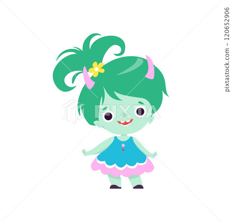 Cute Horned Troll Girl, Adorable Smiling Fantasy Creature Character with Green Hair Vector Illustration 120652906