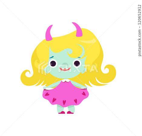 Cute Horned Troll Girl, Adorable Smiling Fantasy Creature Character with Yellow Hair Vector Illustration Cute Horned Troll Girl, Adorable Smiling Fantasy Creature Character with Yellow Hair Vector Illustration 120652912