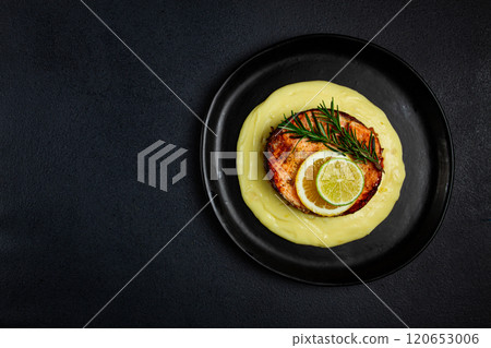 salmon steak, fried, mashed potatoes, top view, rosemary, lemon and lime, homemade, one serving, no people, salmon steak, fried, mashed potatoes, top view, rosemary, lemon and lime, homemade, one serving, no people, 120653006