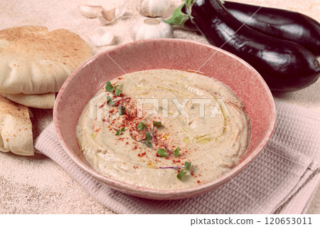 Babaganoush, eggplant appetizer, traditional Lebanese cuisine, homemade, no people, 120653011