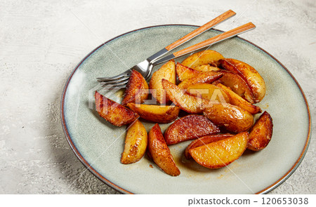 fried potato slices, on a plate, top view, homemade, no people, fried potato slices, on a plate, top view, homemade, no people, 120653038