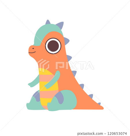 Cute Colorful Little Dino, Adorable Baby Dinosaur Character Sitting on Floor Vector Illustration Cute Colorful Little Dino, Adorable Baby Dinosaur Character Sitting on Floor Vector Illustration 120653074
