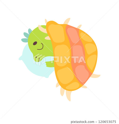Cute Little Dino Sleeping on Pillow under Blanket, Adorable Baby Dinosaur Character Vector Illustration Cute Little Dino Sleeping on Pillow under Blanket, Adorable Baby Dinosaur Character Vector Illustration 120653075