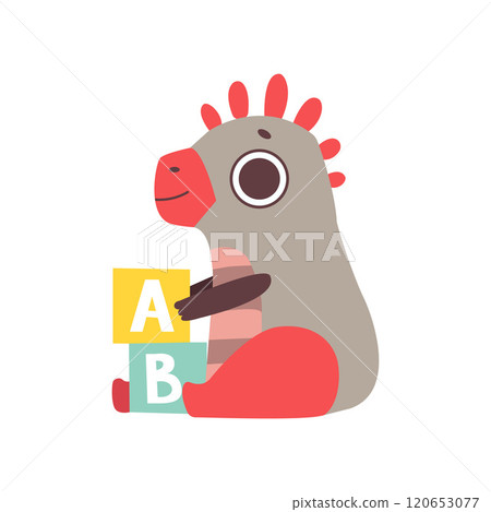 Cute Little Dino with Toy Cubes, Adorable Baby Dinosaur Character Vector Illustration Cute Little Dino with Toy Cubes, Adorable Baby Dinosaur Character Vector Illustration 120653077