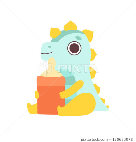 Cute Little Dino with Milk Bottle, Adorable Baby Dinosaur Character Vector Illustration Cute Little Dino with Milk Bottle, Adorable Baby Dinosaur Character Vector Illustration 120653078