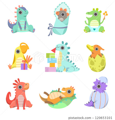 Cute Colorful Little Dinos Set, Adorable Baby Dinosaurs Characters Vector Illustration Cute Colorful Little Dinos Set, Adorable Baby Dinosaurs Characters Vector Illustration 120653101
