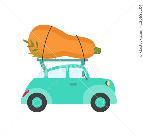 Cute Turquoise Car Delivery Giant Zucchini, Side View, Shipping of Fresh Garden Vegetables Vector Illustration 120653104