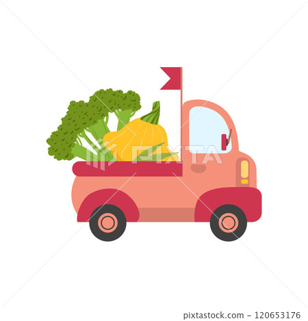 Cute Truck with Broccoli and Squash, Side View, Food Delivery, Shipping of Fresh Garden Vegetables Vector Illustration 120653176