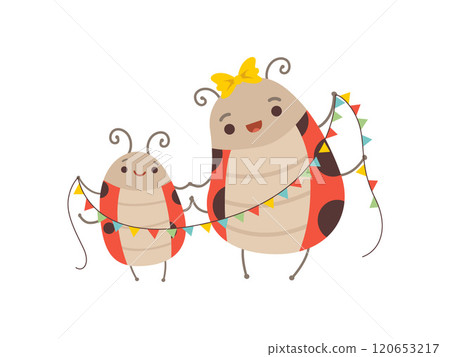 Happy Ladybug Family, Mother Ladybug and Her Child with Party Flags, Adorable Cartoon Flying Insects Characters Vector Illustration 120653217