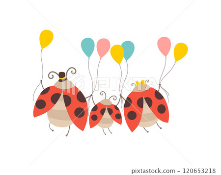 Happy Ladybug Family, Cheerful Mother, Father and Their Baby Holding Colorful Balloons, Back, View, Cute Cartoon Insects Characters Vector Illustration Happy Ladybug Family, Cheerful Mother, Father and Their Baby Holding Colorful Balloons, Back, View, Cute Cartoon Insects Characters Vector Illustration 120653218