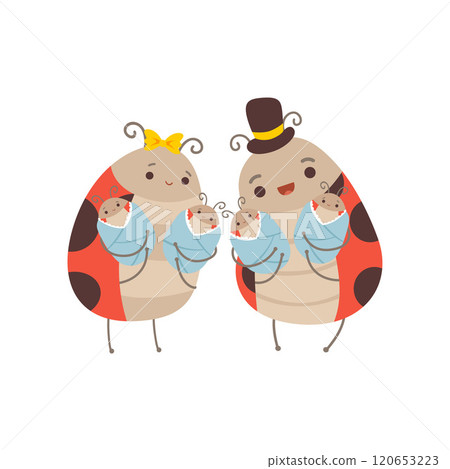 Happy Ladybug Family, Cheerful Mother and Father Ladybugs and Their Four Newborn Babies, Cute Cartoon Insects Characters Vector Illustration 120653223
