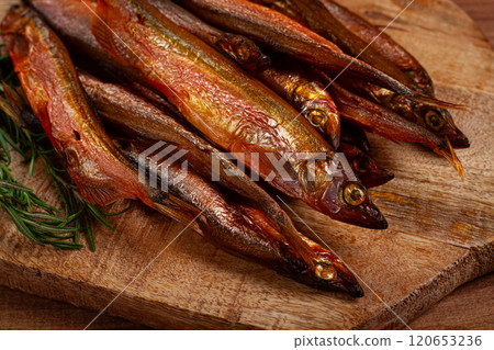 cold smoked capelin, on a wooden chopping board, no people, cold smoked capelin, on a wooden chopping board, no people, 120653236