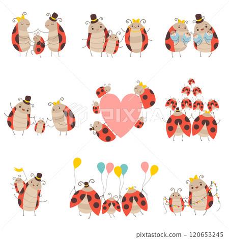 Happy Ladybug Family Set, Cute Mother, Father and Their Babies, Adorable Cartoon Insects Characters Vector Illustration 120653245