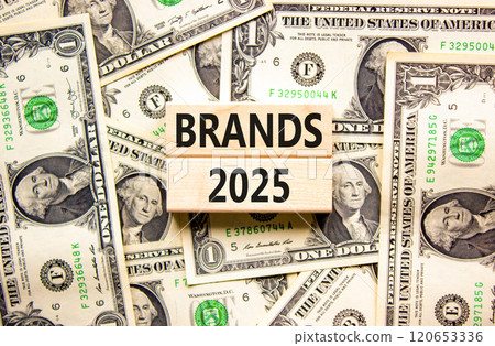 Planning brands 2025 new year symbol. Concept words Brands 2025 on beautiful wooden blocks. Dollar bills. Beautiful background from dollar bills. Business brands 2025 new year concept. Copy space. 120653336