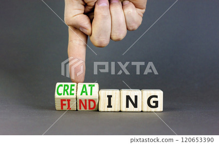 Finding or creating symbol. Businessman turns wooden cubes and changes words Finding to Creating. Beautiful grey table grey background copy space. Business creating or finding concept. Finding or creating symbol. Businessman turns wooden cubes and changes words Finding to Creating. Beautiful grey table grey background copy space. Business creating or finding concept. 120653390