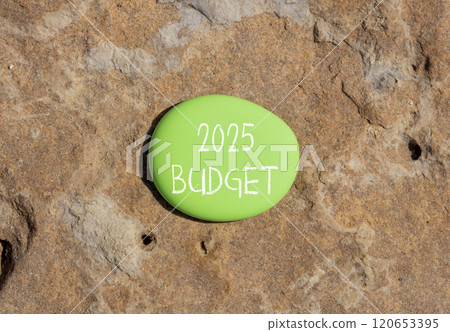 Planning 2025 budget new year symbol. Concept words 2025 Budget on beautiful green stone. Beautiful brown stone background. Business 2025 budget new year concept. Copy space. 120653395