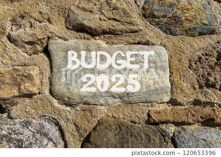 Planning budget 2025 new year symbol. Concept words Budget 2025 on beautiful grey stone. Beautiful big stone wall background. Business budget 2025 new year concept. Copy space. 120653396