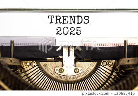 Planning trends 2025 new year symbol. Concept words Trends 2025 typed on beautiful old retro vintage typewriter. Beautiful white paper background. Business trends 2025 new year concept. Copy space. 120653416