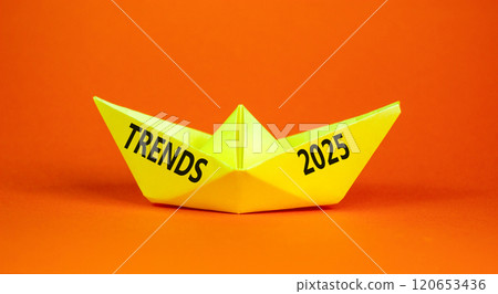 Planning trends 2025 new year symbol. Concept words Trends 2025 on beautiful yellow paper boat. Beautiful orange paper background. Business trends 2025 new year concept. Copy space. Planning trends 2025 new year symbol. Concept words Trends 2025 on beautiful yellow paper boat. Beautiful orange paper background. Business trends 2025 new year concept. Copy space. 120653436
