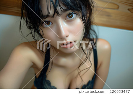 Beautiful woman in black lingerie 120653477