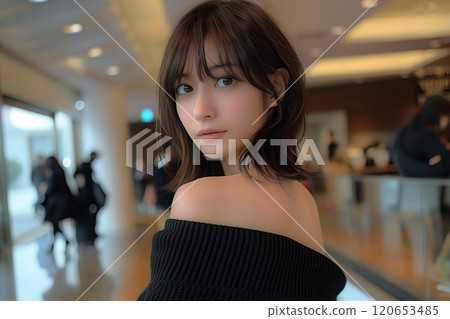 The attractive gaze of a young woman in a black knitted suit The attractive gaze of a young woman in a black knitted suit 120653485