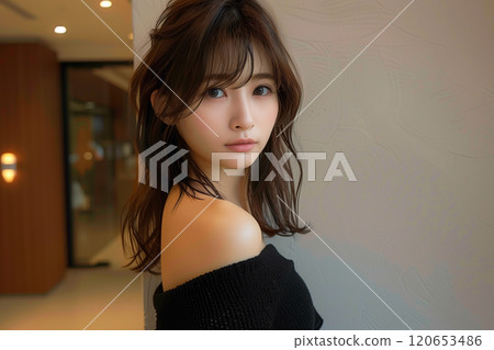 一個美麗的女人在牆上微笑的肖像 一個美麗的女人在牆上微笑的肖像 120653486