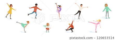 Man and Woman Ice Figure Skating Moving on Ice Rink Vector Set Man and Woman Ice Figure Skating Moving on Ice Rink Vector Set 120653514