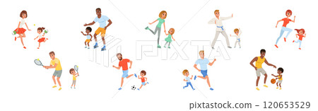 Parent and Kid Do Sport and Physical Exercise Vector Set 120653529