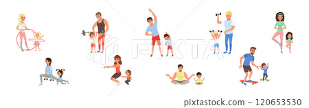Parent and Kid Do Sport and Physical Exercise Vector Set 120653530