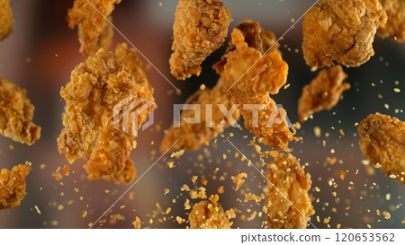 Freeze motion of flying tasty fry chicken pieces on gradient background 120653562