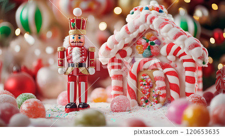 Christmas Candyland with nutcracker and gingerbread house. 120653635
