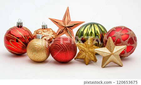 Multi colored decorative Christmas balls on white 120653675