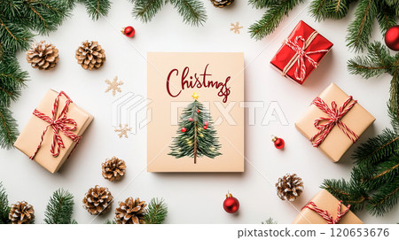Christmas greeting background with pine tree and gift boxes 120653676
