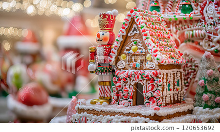 Christmas Candyland with nutcracker and gingerbread house. 120653692