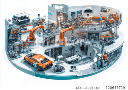 A 3D image of a cutting-edge factory and design office that makes extensive use of robotic arms for cars_1 120653719
