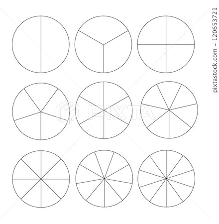 Segmented circles isolated on a white background. A different number of sectors divides the circle into equal parts. Vector 120653721