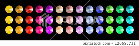 Metal gradient. Multi colored radial gradient set. Collection of shiny foil in rainbow colors palette. Vector 120653731