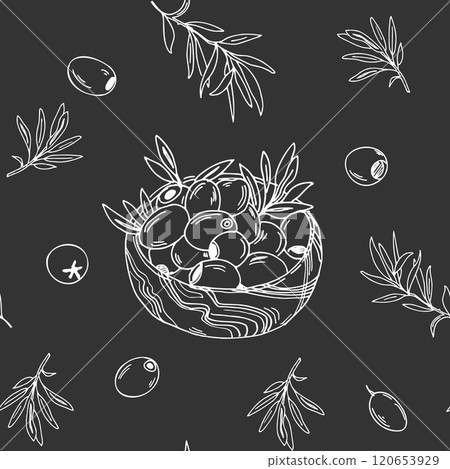 Seamless Pattern with Branches and Olive Fruits in Wooden Bowl on black background. Graphic art. Hand drawn Vector Black and white illustration. Can be used for textile, wallpaper prints and packaging 120653929