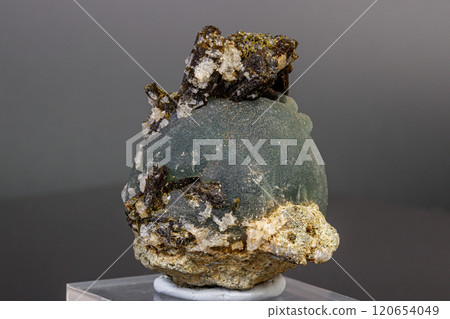macro mineral stone Prehnite on Epidote on a gray background macro mineral stone Prehnite on Epidote on a gray background 120654049