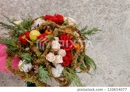 Christmas composition of flowers and Christmas decorations 120654077