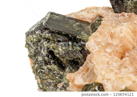 Macro of a mineral stone Vesuvianite on a white background Macro of a mineral stone Vesuvianite on a white background 120654121