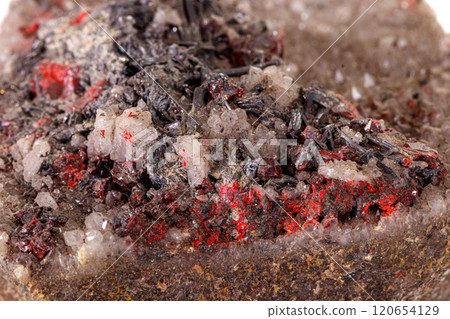Macro stone Cinnabar with mineral stibnite on a white background 120654129