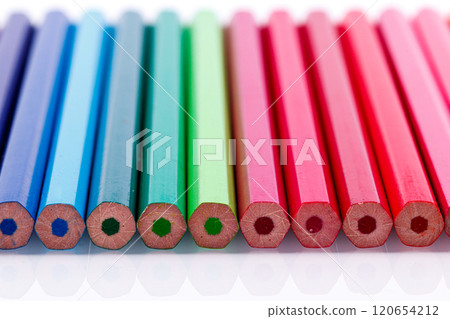 macro multicolored pencils on a white background 120654212