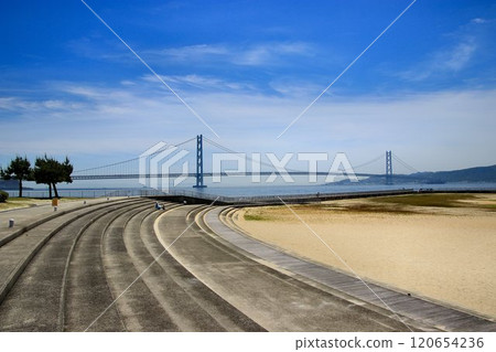 View of the Akashi Kaikyo Bridge from the open seaside park, Okura Beach Park View of the Akashi Kaikyo Bridge from the open seaside park, Okura Beach Park 120654236