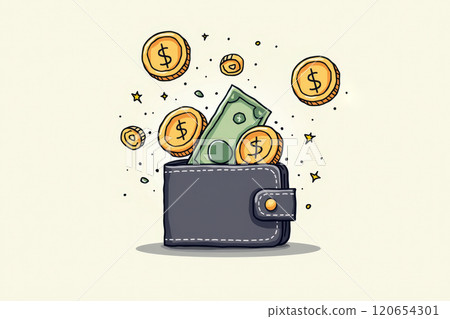 Whimsical financial illustration with wallet, coins, and dollar bill. AI generation 120654301