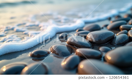 Serene coastal scene with smooth pebbles and gentle waves at sunset. AI generation 120654361