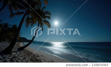 Serene tropical night on palm-lined beach under full moon. AI generation Serene tropical night on palm-lined beach under full moon. AI generation 120654363
