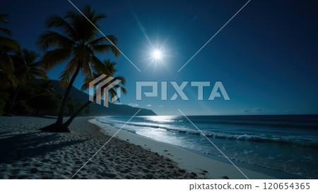 Serene night beachscape with moonlight reflections and palm trees. AI generation 120654365