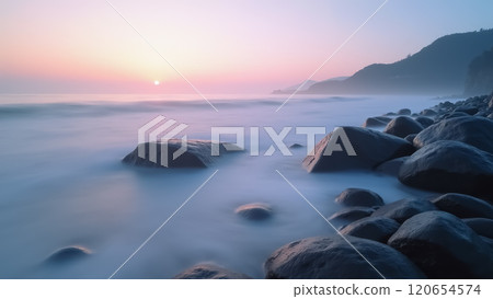 Tranquil coastal sunrise over misty rocks in serene seascape. AI generation 120654574