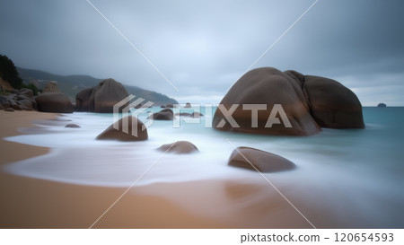 Serene coastal landscape with smooth boulders and gentle waves at dusk. AI generation 120654593